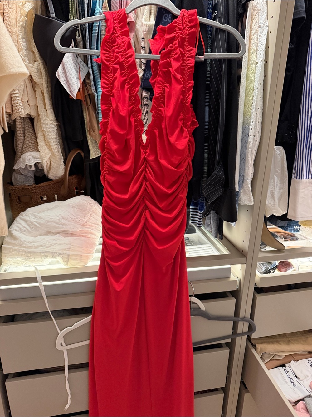 Zara Red Ruched V-Neck Prom Dress